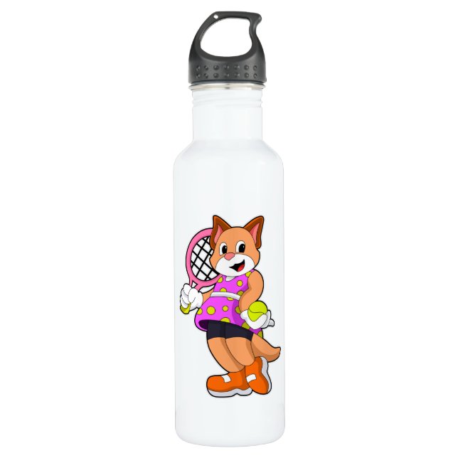 Cat at Tennis with Tennis racket Stainless Steel Water Bottle (Front)
