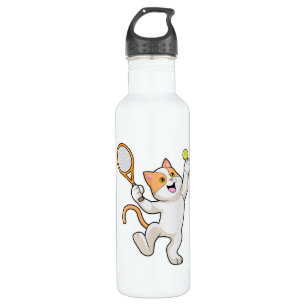 Cat at Tennis with Tennis racket Stainless Steel Water Bottle