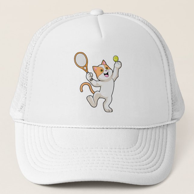 Cat at Tennis with Tennis racket Trucker Hat (Front)