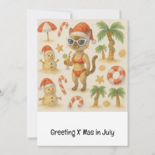 Cat at the beach Christmas Summer themed Holiday Card