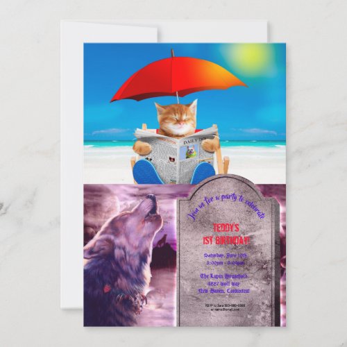 Cat At The Beach Reads Newspaper Invitation