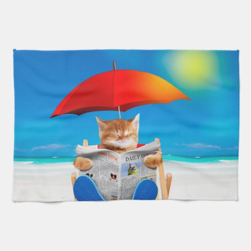 Cat At The Beach Reads Newspaper Kitchen Towel