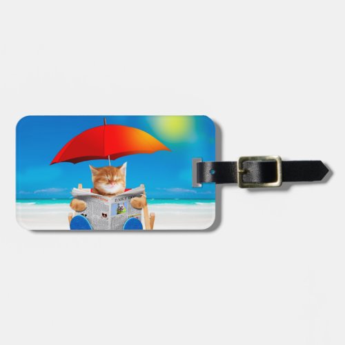 Cat At The Beach Reads Newspaper Luggage Tag