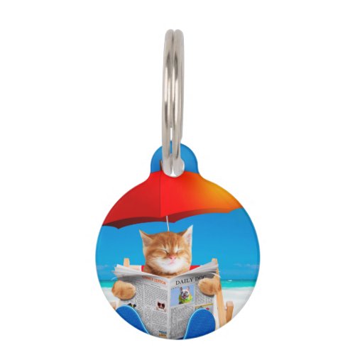 Cat At The Beach Reads Newspaper Pet ID Tag