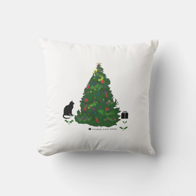 Cat At The Christmas Tree Throw Pillow (Front)