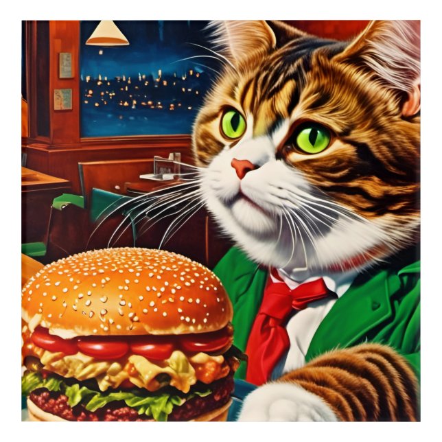Cat at the Diner Orders a Cheeseburger Acrylic Print (Front)