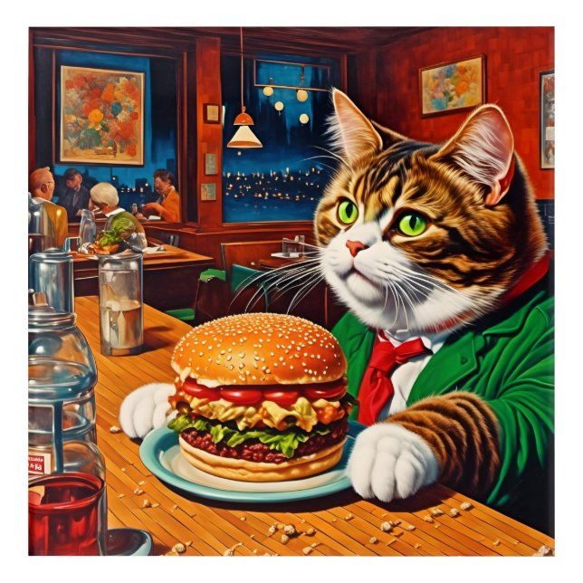 Cat at the Diner Orders a Cheeseburger Acrylic Print (Front)