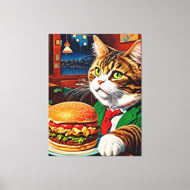 Cat at the Diner Orders a Cheeseburger Canvas Print (Front)