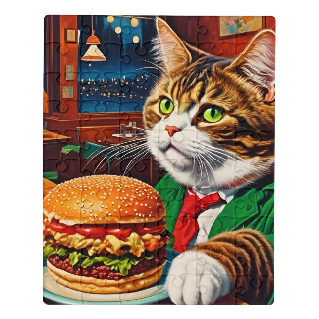 Cat at the Diner Orders a Cheeseburger Jigsaw Puzzle (Puzzle Vertical)
