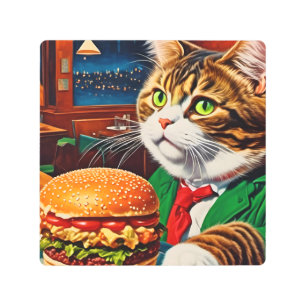 Cat at the Diner Orders a Cheeseburger Metal Print