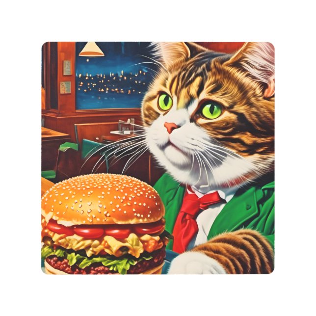 Cat at the Diner Orders a Cheeseburger Metal Print (Front)