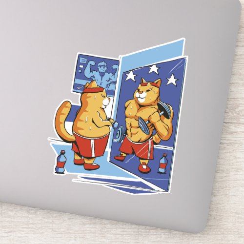 CAT AT THE GYM LIFTING WEIGHT STICKER
