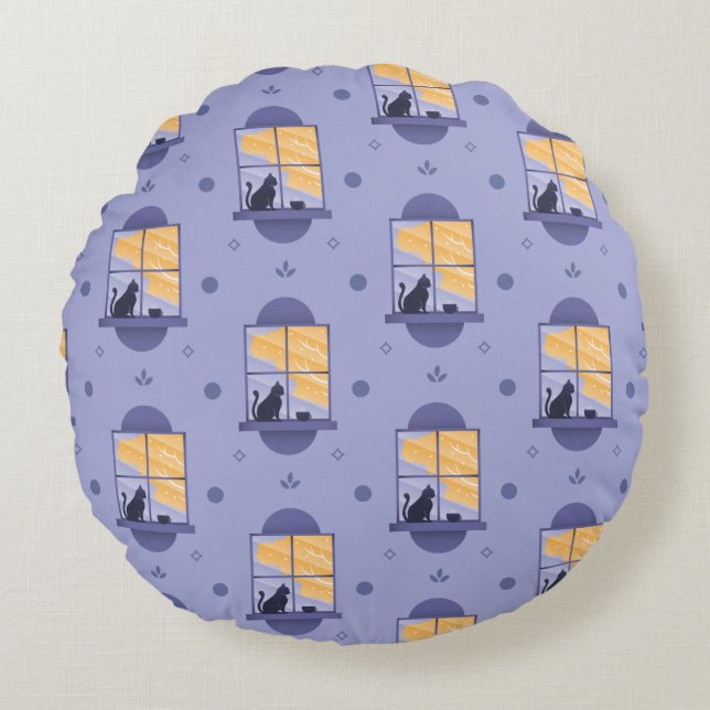 Cat at the Window Lavender Pattern  Round Pillow (Front)