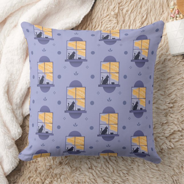 Cat at the Window Lavender Pattern  Throw Pillow (Blanket)