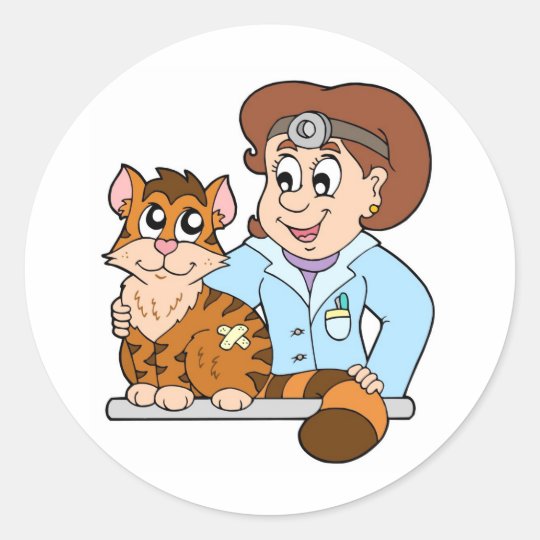 Cat at veterinarian classic round sticker