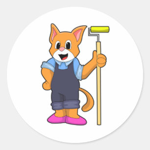 Cat at Wallpapering with Pressure roller Classic Round Sticker