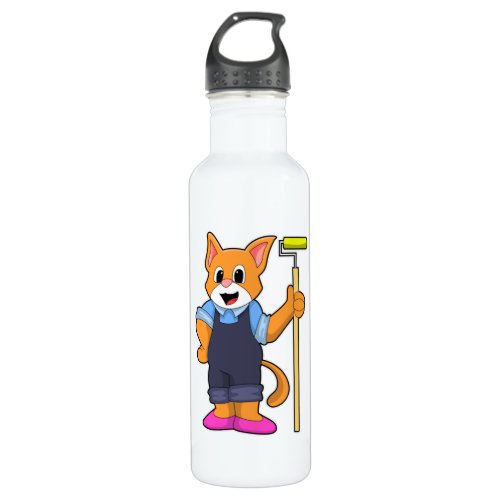 Cat at Wallpapering with Pressure roller Stainless Steel Water Bottle