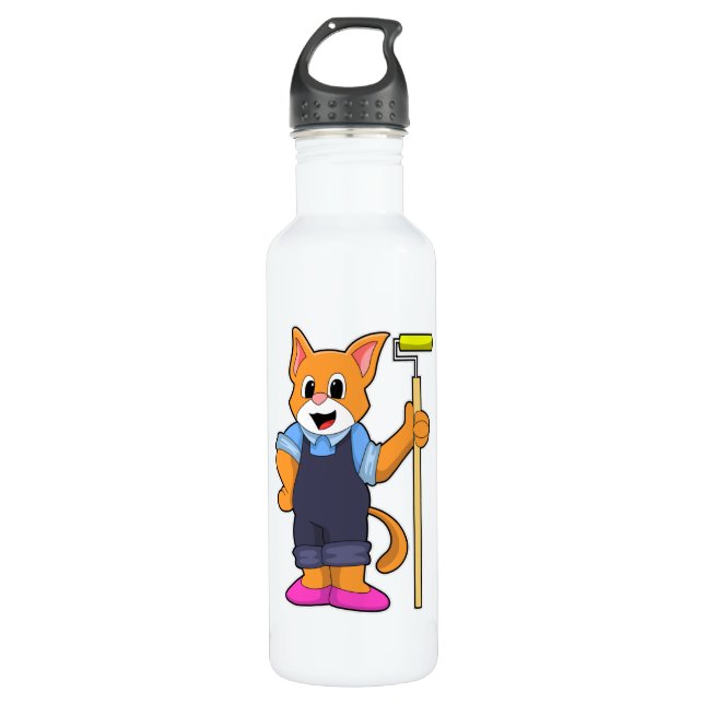 Cat at Wallpapering with Pressure roller Stainless Steel Water Bottle (Front)