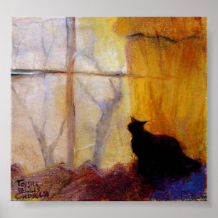 Cat at Window with Yellow Curtains Poster