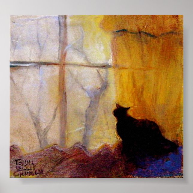 Cat at Window with Yellow Curtains Poster (Front)