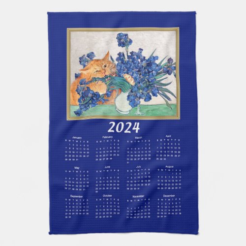 Cat Attacking Van Gogh Irises Funny 2024 Calendar Kitchen Towel