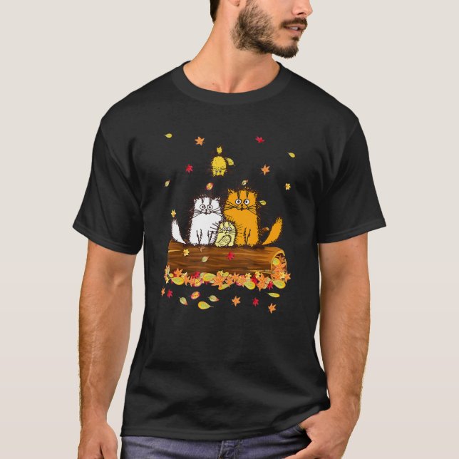 Cat Autumn Fall Leaves Thanksgiving For Boys Girls T-Shirt (Front)