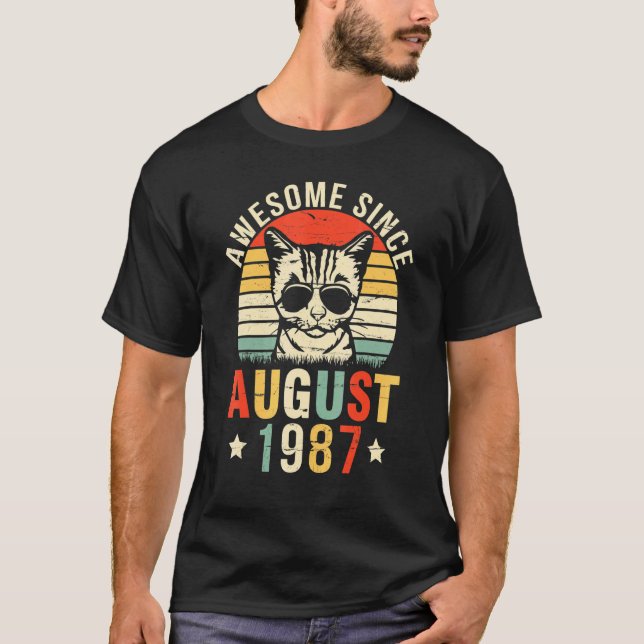Cat Awesome Since August 1987 Happy My Birthday 35 T-Shirt (Front)