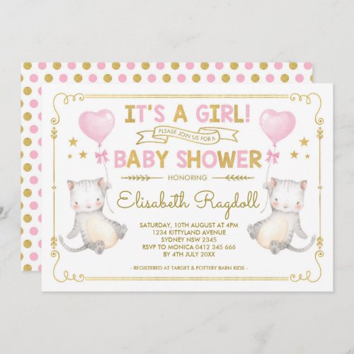 Cat Baby Girl Shower Kitten Pink Gold Cat Lover Invitation