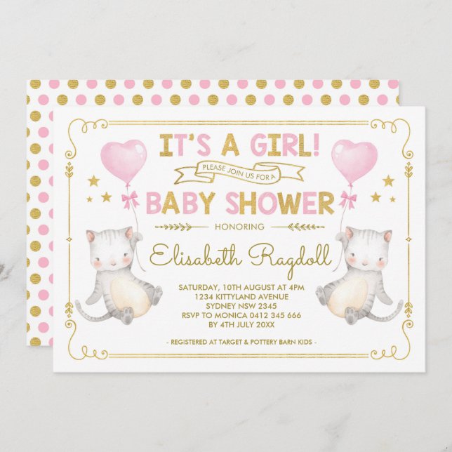 Cat Baby Girl Shower Kitten Pink Gold Cat Lover Invitation (Front/Back)