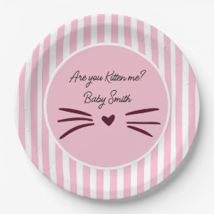 Cat Baby Shower, Baby Girl, Pink Stripes Paper Plates