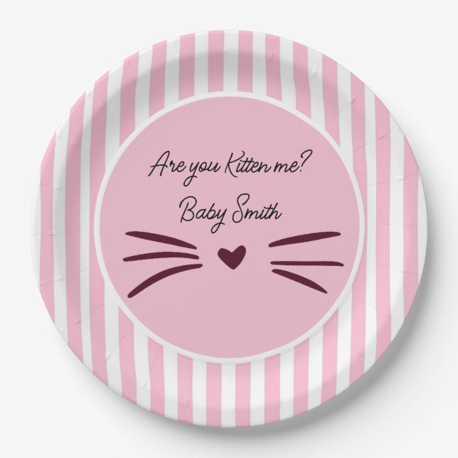 Cat Baby Shower, Baby Girl, Pink Stripes Paper Plates (Front)