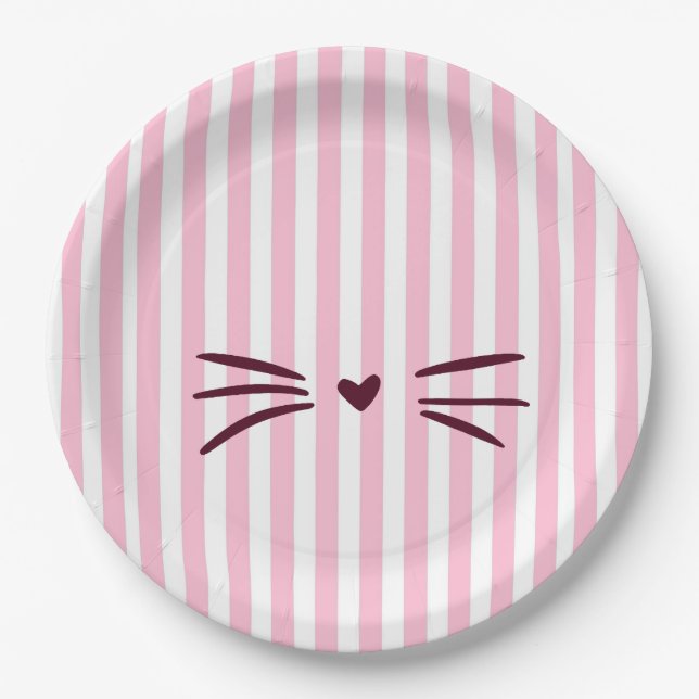Cat Baby Shower, Baby Girl, Pink Stripes Paper Plates (Front)