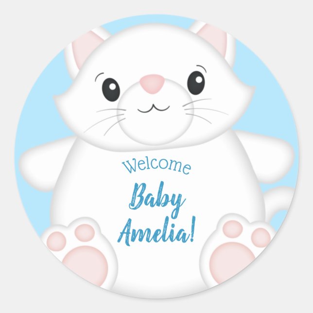Cat Baby Shower Kitty Blue Classic Round Sticker (Front)