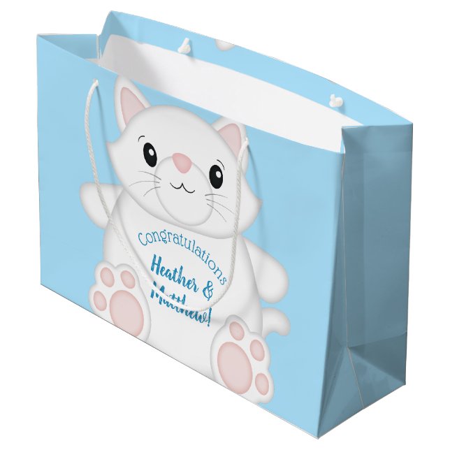 Cat Baby Shower Kitty Blue Large Gift Bag (Back Angled)