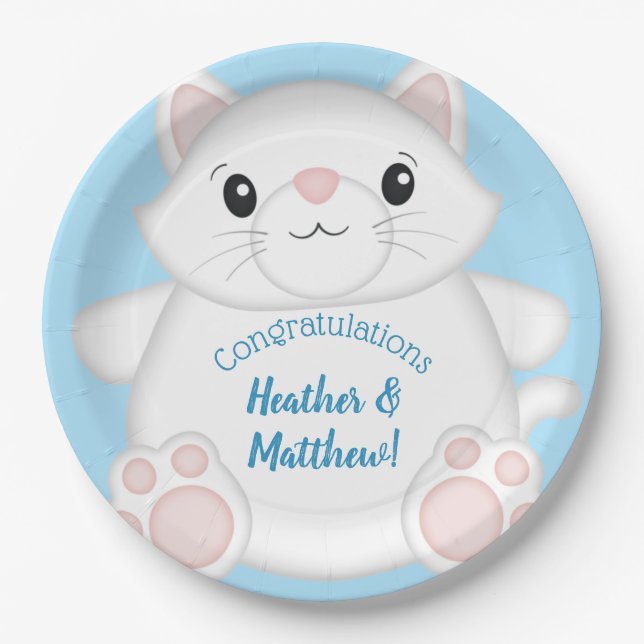 Cat Baby Shower Kitty Blue Paper Plates (Front)