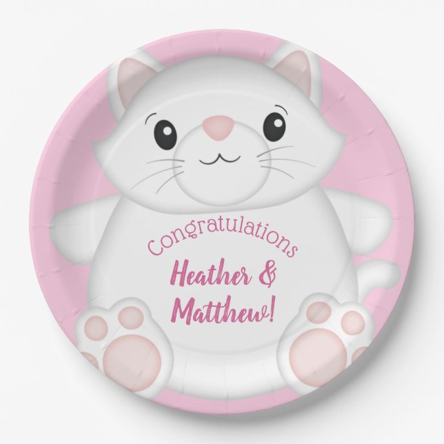 Cat Baby Shower Kitty Pink Paper Plates (Front)