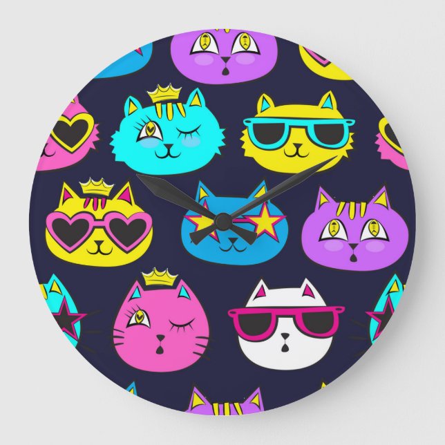Cat badges, pop art textile large clock (Front)