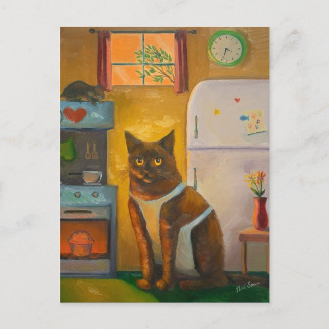 Cat Baking Muffin in Cottage Kitchen Postcard (Front)