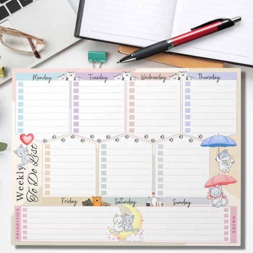 Cat Balloon Umbrella Multicolor Weekly To Do List Notepad