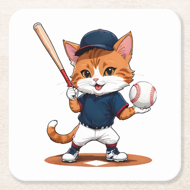 Cat baseball player square paper coaster (Front)
