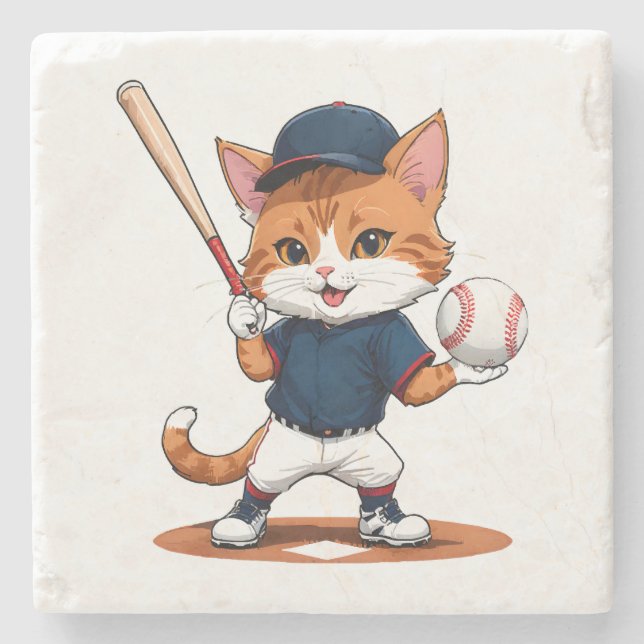 Cat baseball player stone coaster (Front)