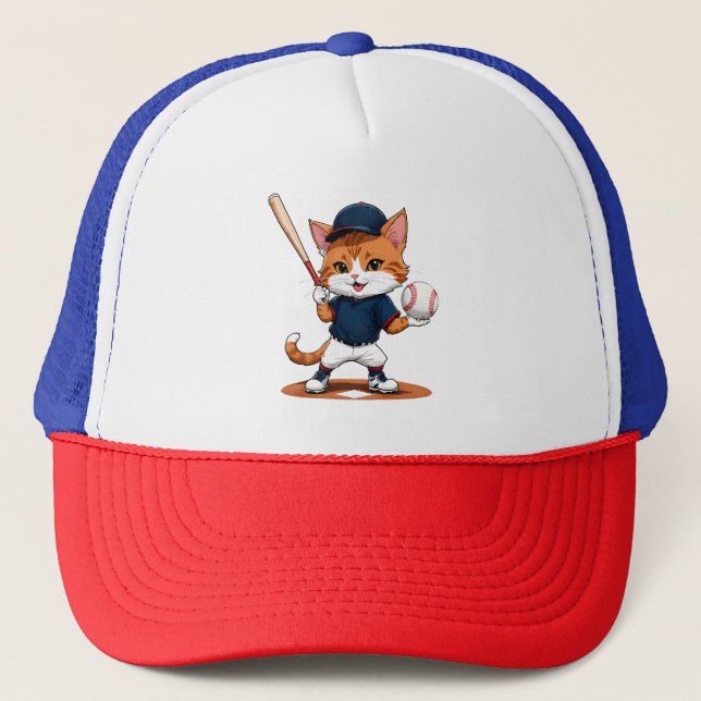 Cat baseball player trucker hat (Front)