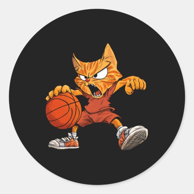 Cat Basketball Player _ Basketball Cat Long Sleeve Classic Round Sticker (Front)