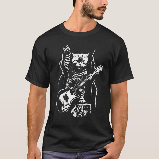 Cat  Bass Guitar Player Rock n Roll Guitarist Bass T-Shirt (Front)