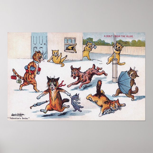 Cat Being Chased by a Dog, Louis Wain Poster (Front)
