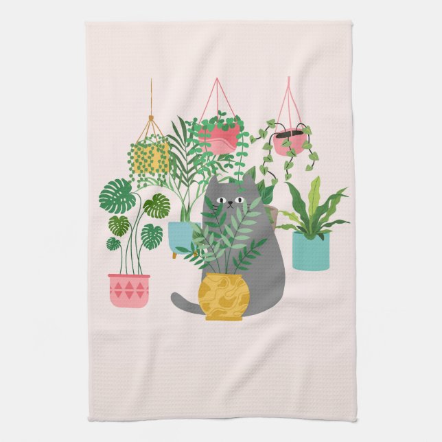 Cat Between Plants Funny Kitchen Towel (Vertical)