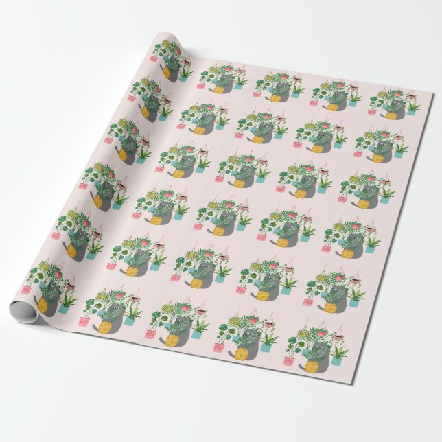 Cat Between Plants Funny Wrapping Paper (Unrolled)