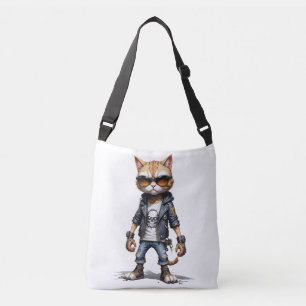 Cat Biker Rebel in Leather Jacket Cool Style Urban Crossbody Bag