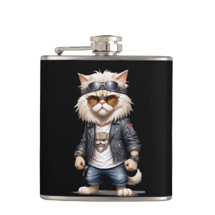 Cat Biker Rebel in Leather Jacket Cool Style Urban Flask