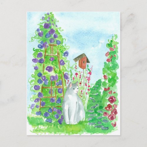Cat Bird House Hollyhocks Summer Garden Flowers Postcard